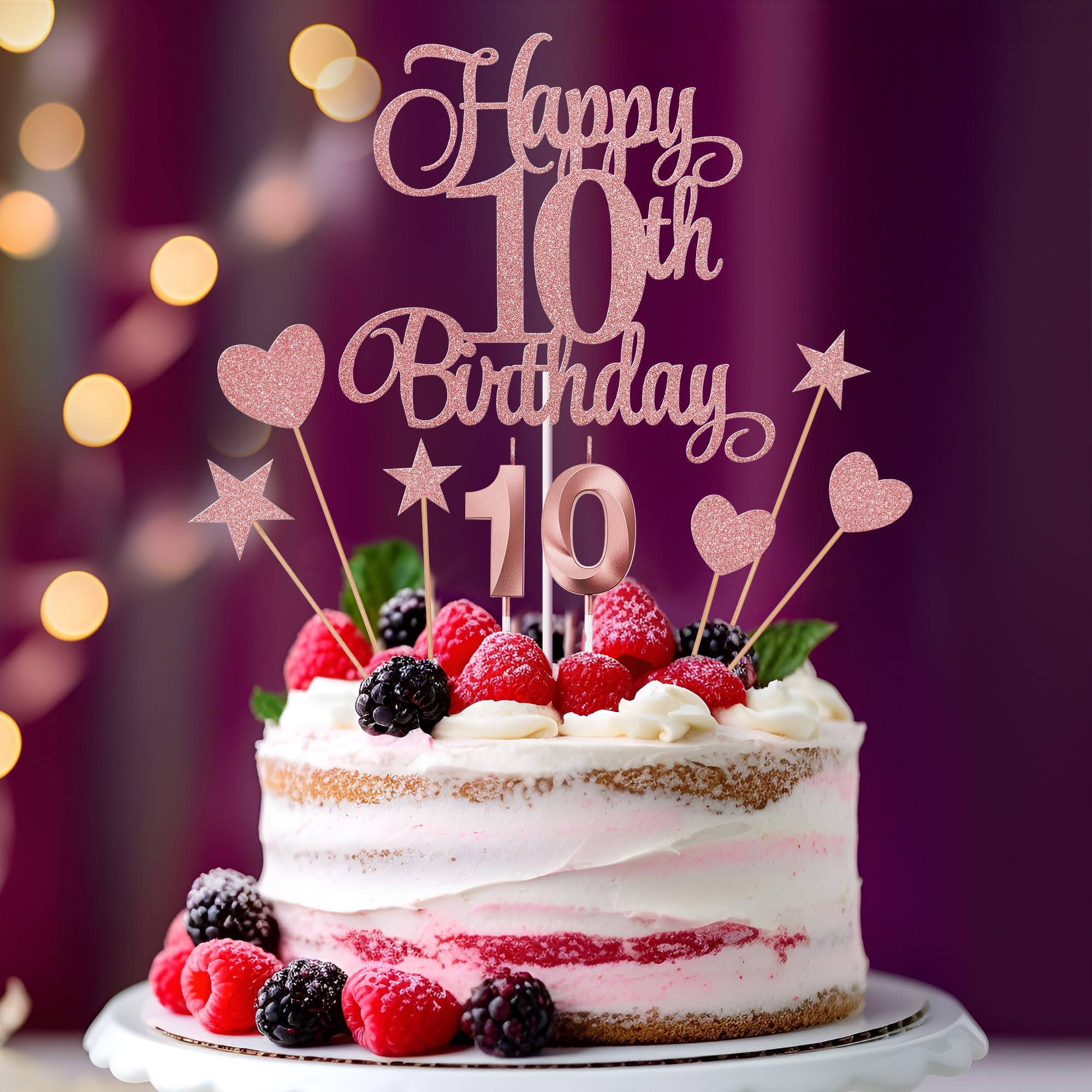 Lecferrarc 10th Birthday Cake Decorations, 10th Birthday Candles Cake Numeral Candles and Glitter Happy 10th Birthday Cake Toppers Set for Birthday Party Supplies (Rose Gold)