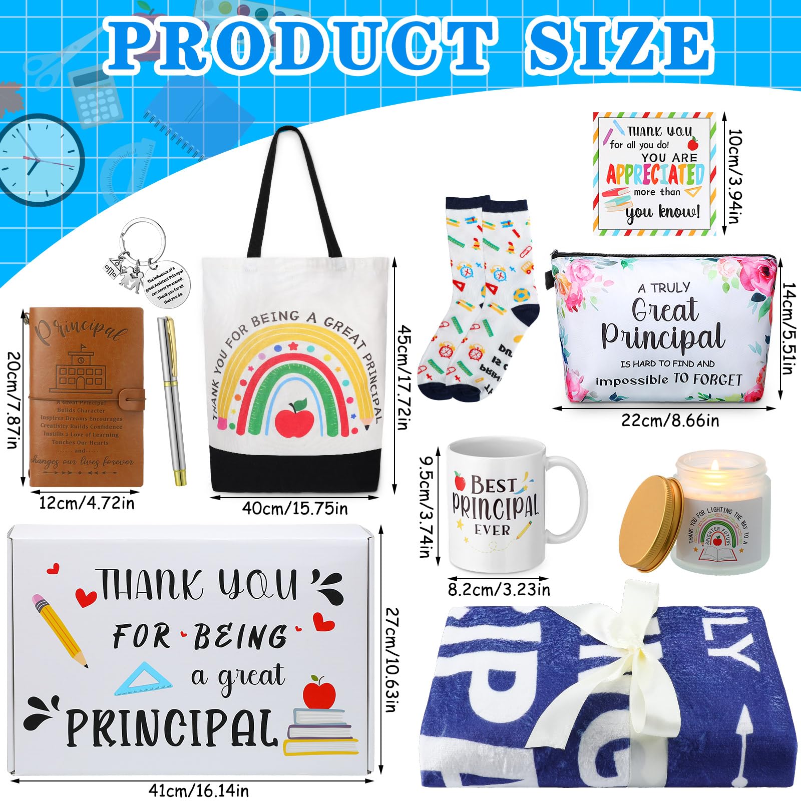 Skyygemm 11 Pcs Principal Gift Set Include Blanket Makeup Bag Coffee Mug Notebook Keychain Pen Tote Bag Sock Greeting Card Scented Candle Gift Box for Principal Retirement Birthday Graduation Gift