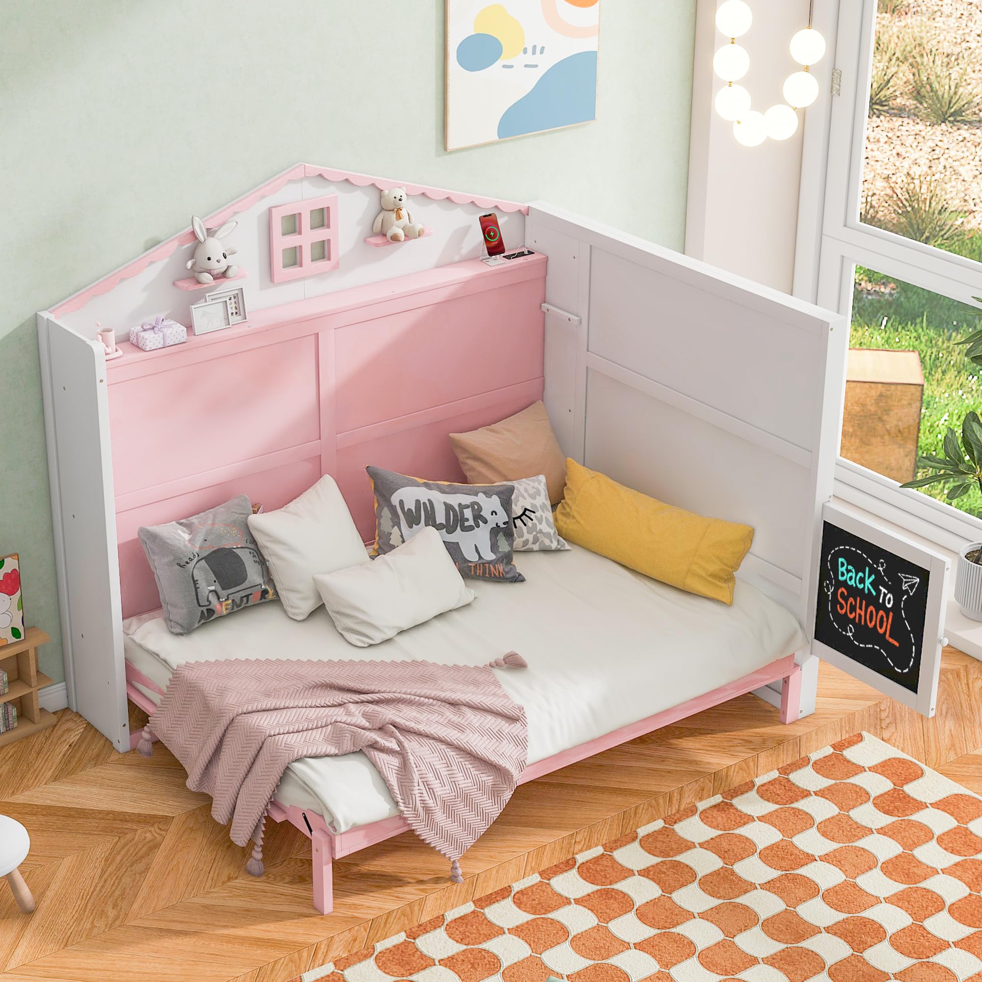 SOFTSEA Full Size Murphy Bed, Wooden House Folding Bed Frame with USB Posts, Storage Shelves and Blackboard, Wall Bed Frame with Window Design for Boys and Girls Bedroom, Pink