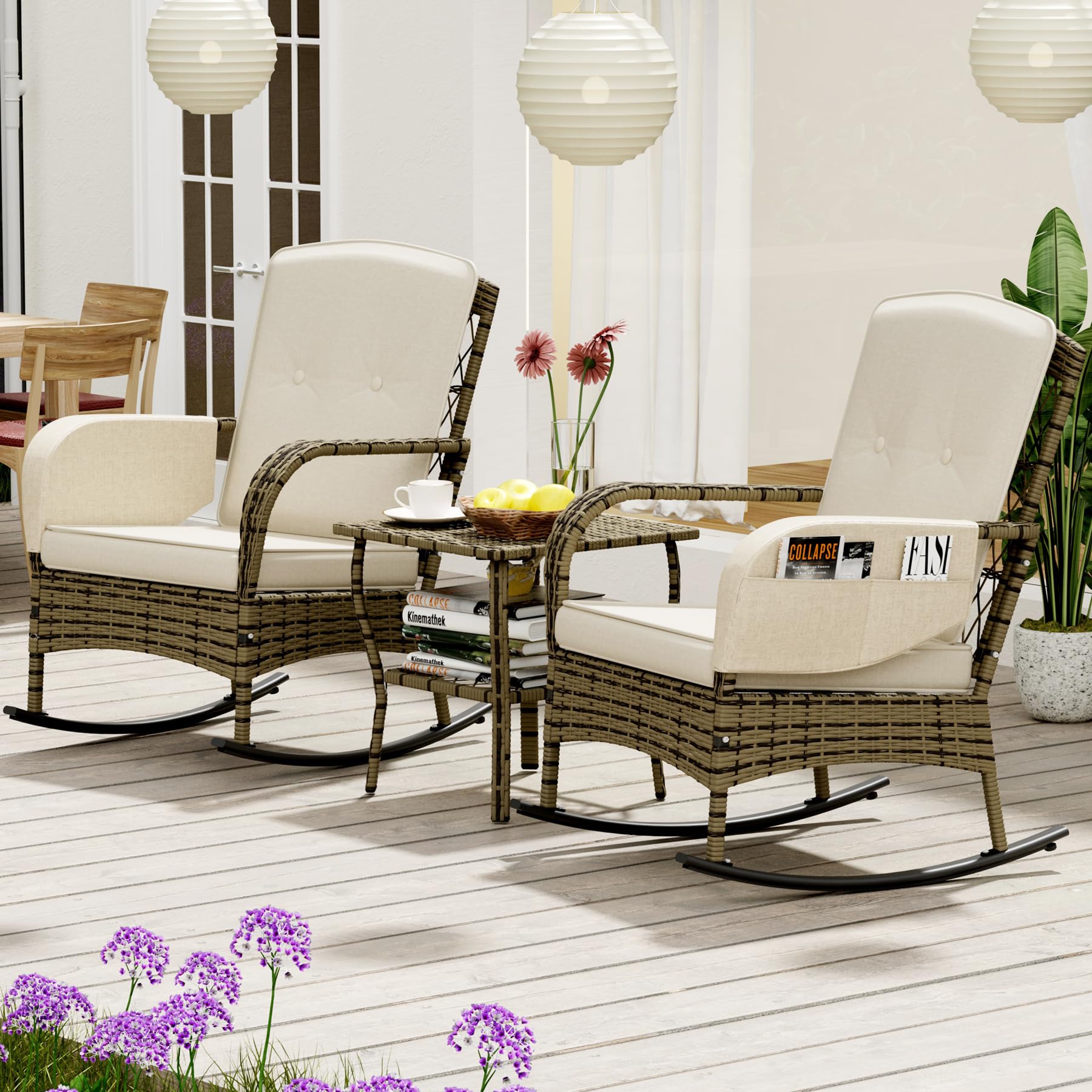 BALDPER 3 Pieces Patio Conversation Set, Outdoor Rocking Chairs with Armrest Side Pocket, Outdoor Furniture Set with Porch Chairs and Coffee Table for Deck Garden Poolside, Beige