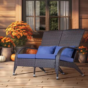 Outdoor Patio Wicker Adirondack Loveseat Bench Outside Small Loveseat Sofa Couch Rattan Fire Pit Chairs Comfy Patio Chair Low Deep Seating High Back with Ottoman Cushion for Porch Backyard Deck Navy