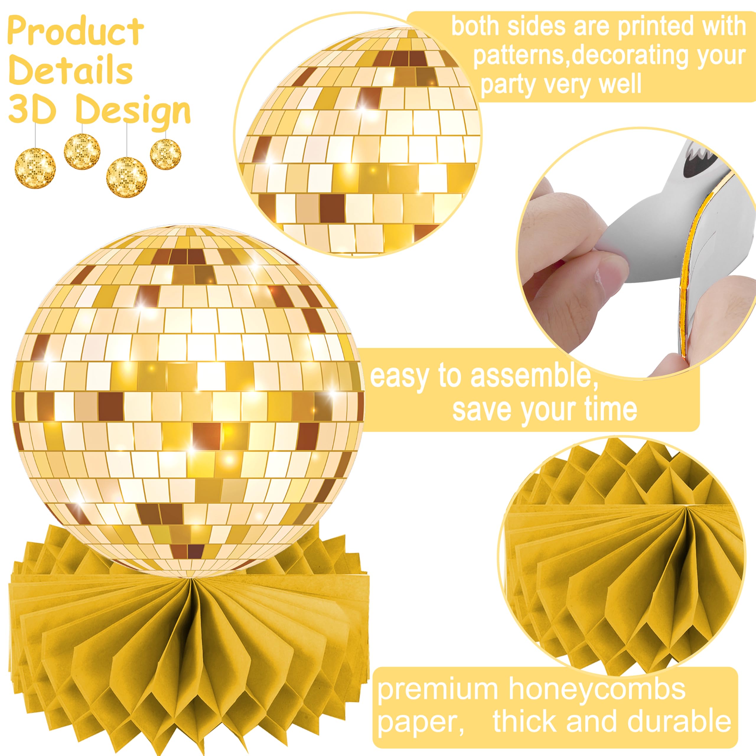 Gold Disco Ball Party Honeycomb Centerpieces 70s Disco Birthday Party Table Decoration 12pcs Disco Party Table Centerpieces for 70s Disco Themed Birthday Party Supplies(Paper)