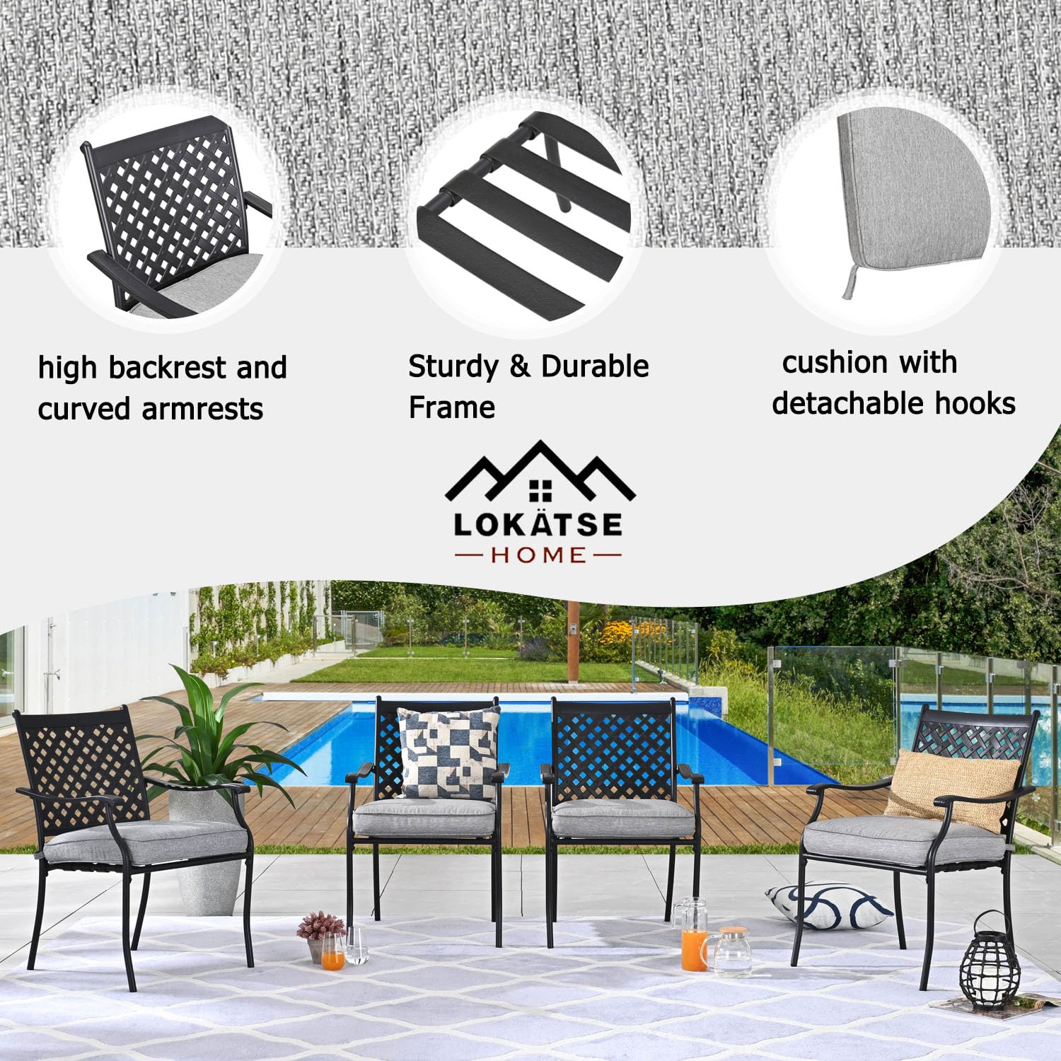 LOKATSE HOME 4 PCS Metal Outdoor Wrought Iron Patio Dining Armrest Chairs with Seat Cushion for Balcony, Garden, Backyard, Grey