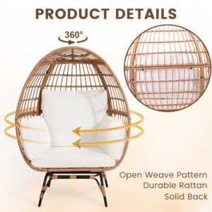 Murago Oversized 360 Swivel Rattan Egg Chair for Adult, Indoor Large Wicker Egg Chair, Outdoor Patio Rattan Egg Chair with overstuffed Cushions, Natural Rattan with Beige Cushion