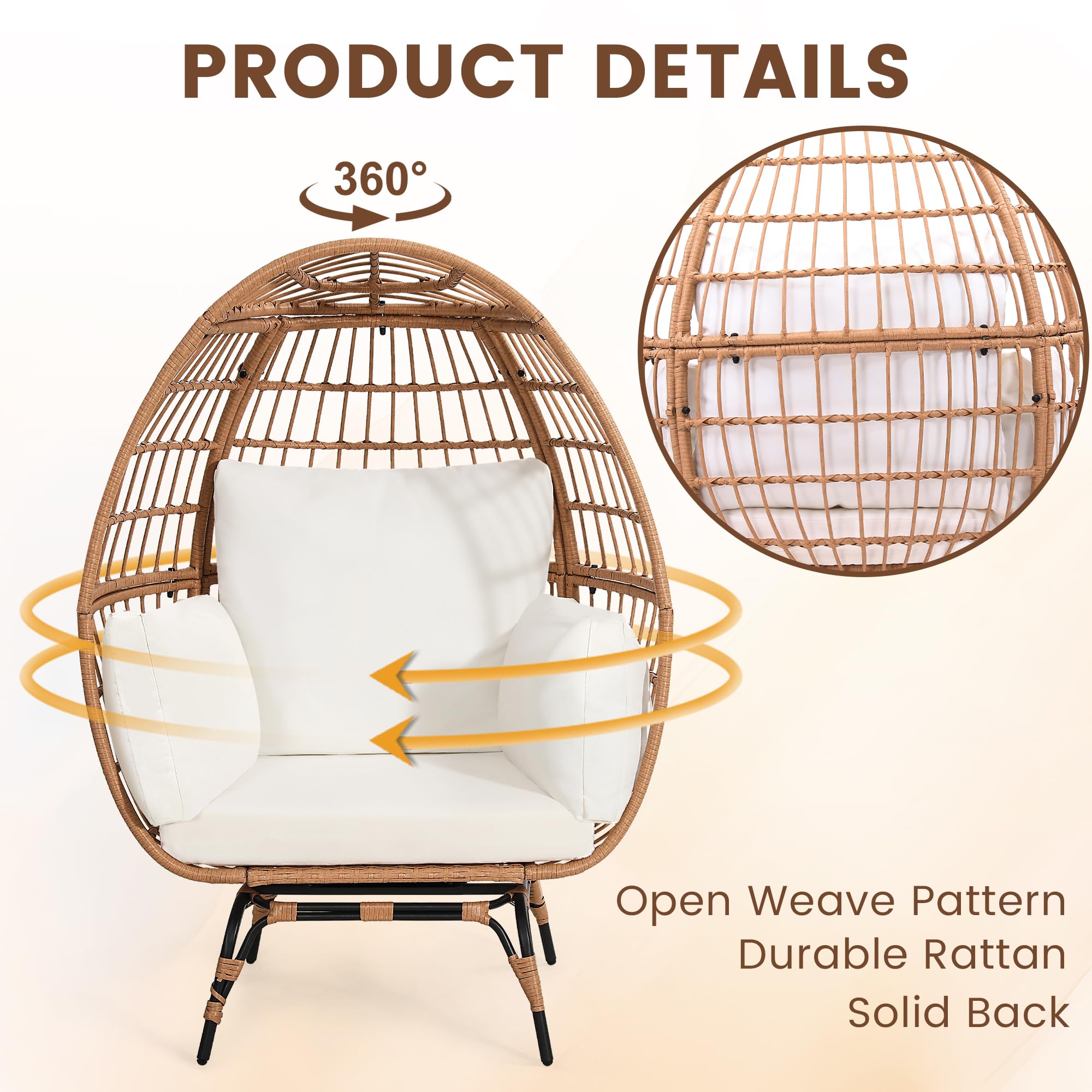 Murago Oversized 360 Swivel Rattan Egg Chair for Adult, Indoor Large Wicker Egg Chair, Outdoor Patio Rattan Egg Chair with overstuffed Cushions, Natural Rattan with Beige Cushion