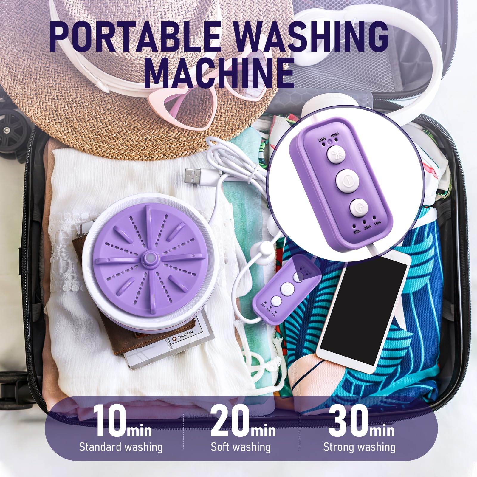 Menkxi Portable Washing Machine Turbine Mini Washing Machine for Travel College Apartment Room RV Washer Machine for Socks Underwear, with Suction Cups, 3 Speed Remote Control