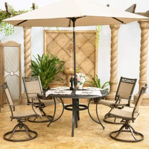 5 Piece Aluminum Patio Dining Set, 4 Textilene Swivel Rocker Chairs and 48 inch Round Alum Casting Table with Umbrella Hole, All-Weather Outdoor Furniture Set for Backyard, Patio, Lawn, Garden