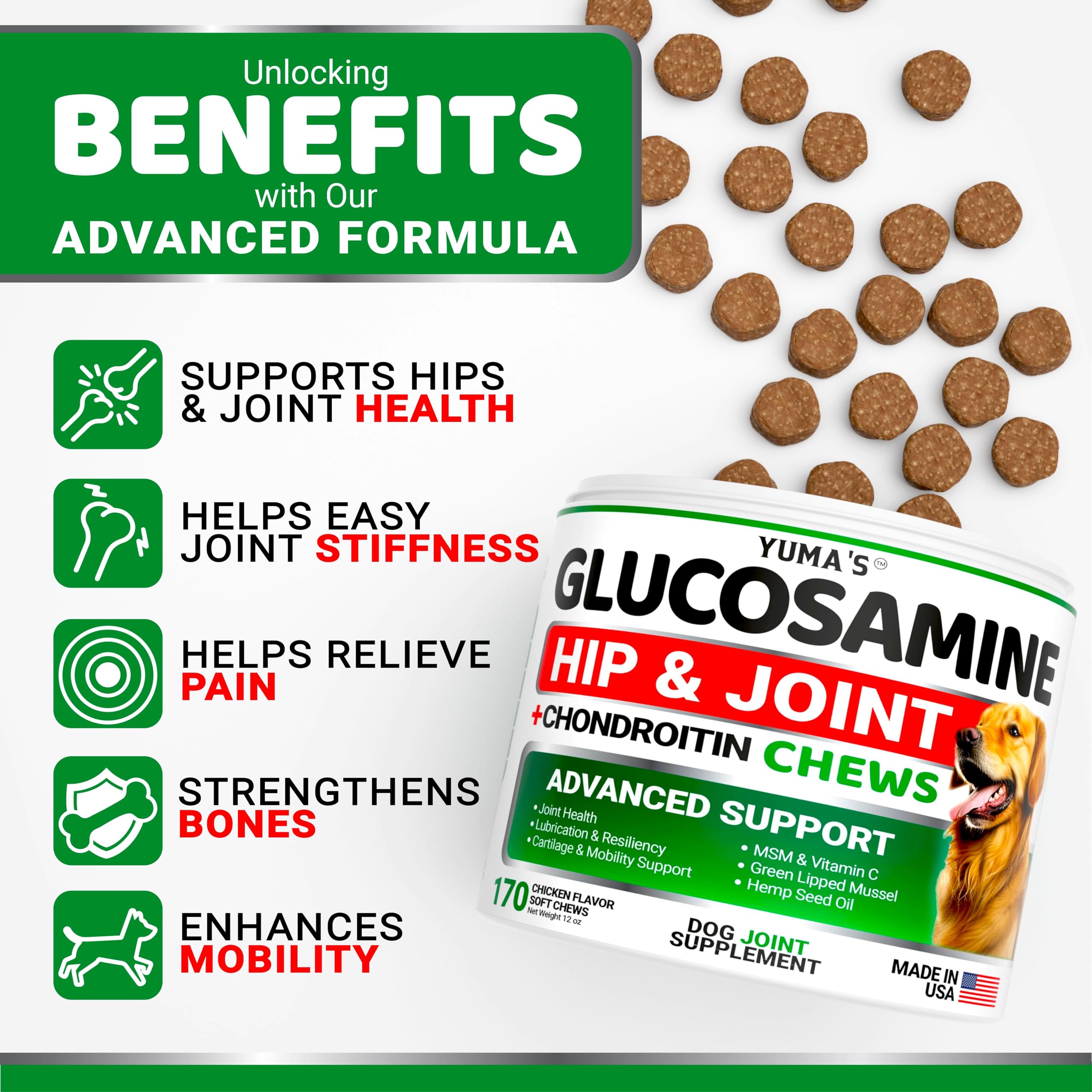 Glucosamine for Dogs - Hip and Joint Supplement for Dogs - 170 Ct - Glucosamine Chondroitin for Dogs Chews - Dog Joint Pain Relief with MSM - Advanced Dog Joint Supplement Health - Mobility Support