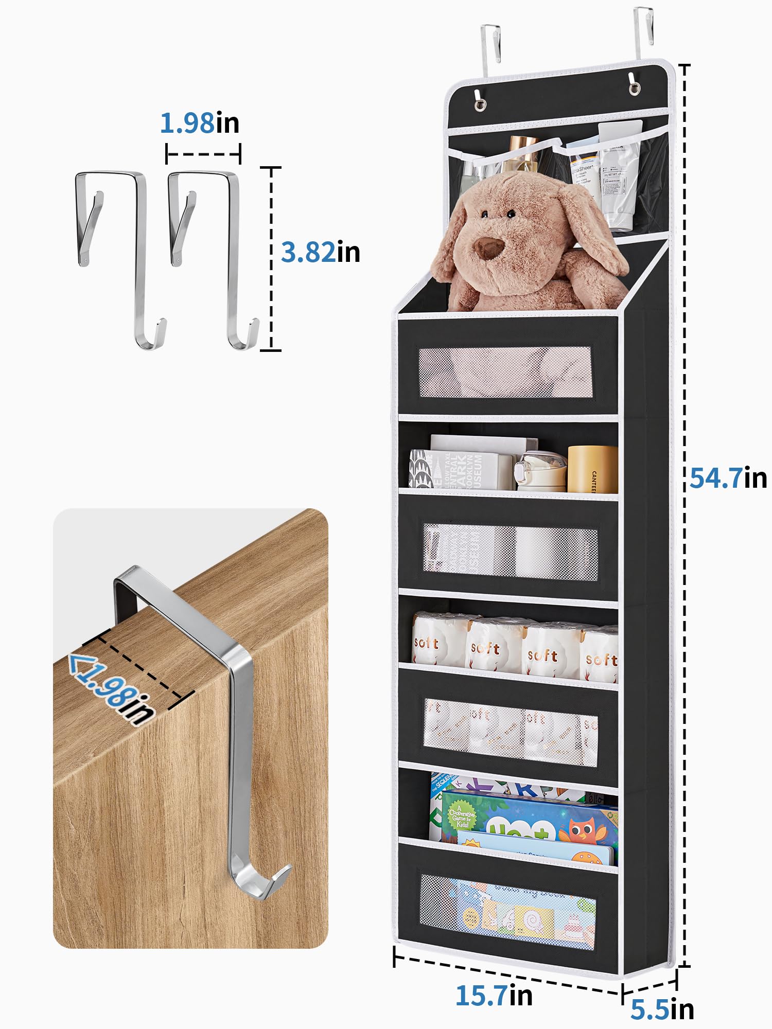 JARLINK 5-shelf Over Door Organizer Storage, Upgrade Hanging Storage with Clear Window, 50 lbs Load Storage Organizer for Bedroom, Bathroom, Nursery, Baby Kids Toys, Diapers, Pantry, Black