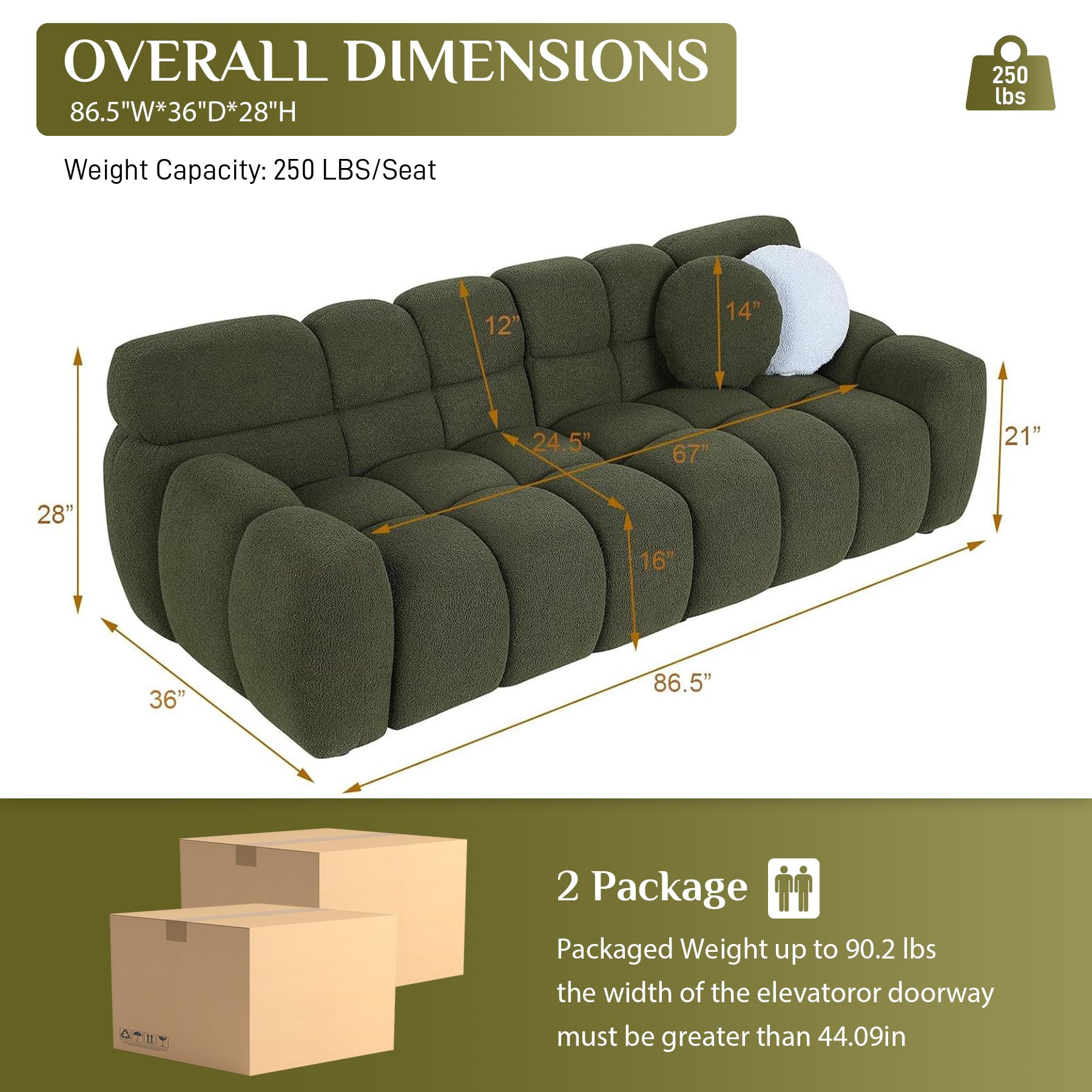 Wrofly 86.5" Boucle Sofa Couch, Comfy Upholstered Sherpa Deep Seat Cloud Couch, Cozy Modern Tufted 3 Seater Couch with 2 Pillows for Living Room Apartment Office, Olive Green