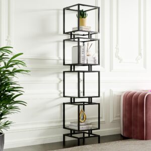 cozy castle etagere bookcase, 4-tier tall bookshelf, 70.5" slim shelving unit for living room, home office, bathroom, tempered glass display cabinet, black metal frame