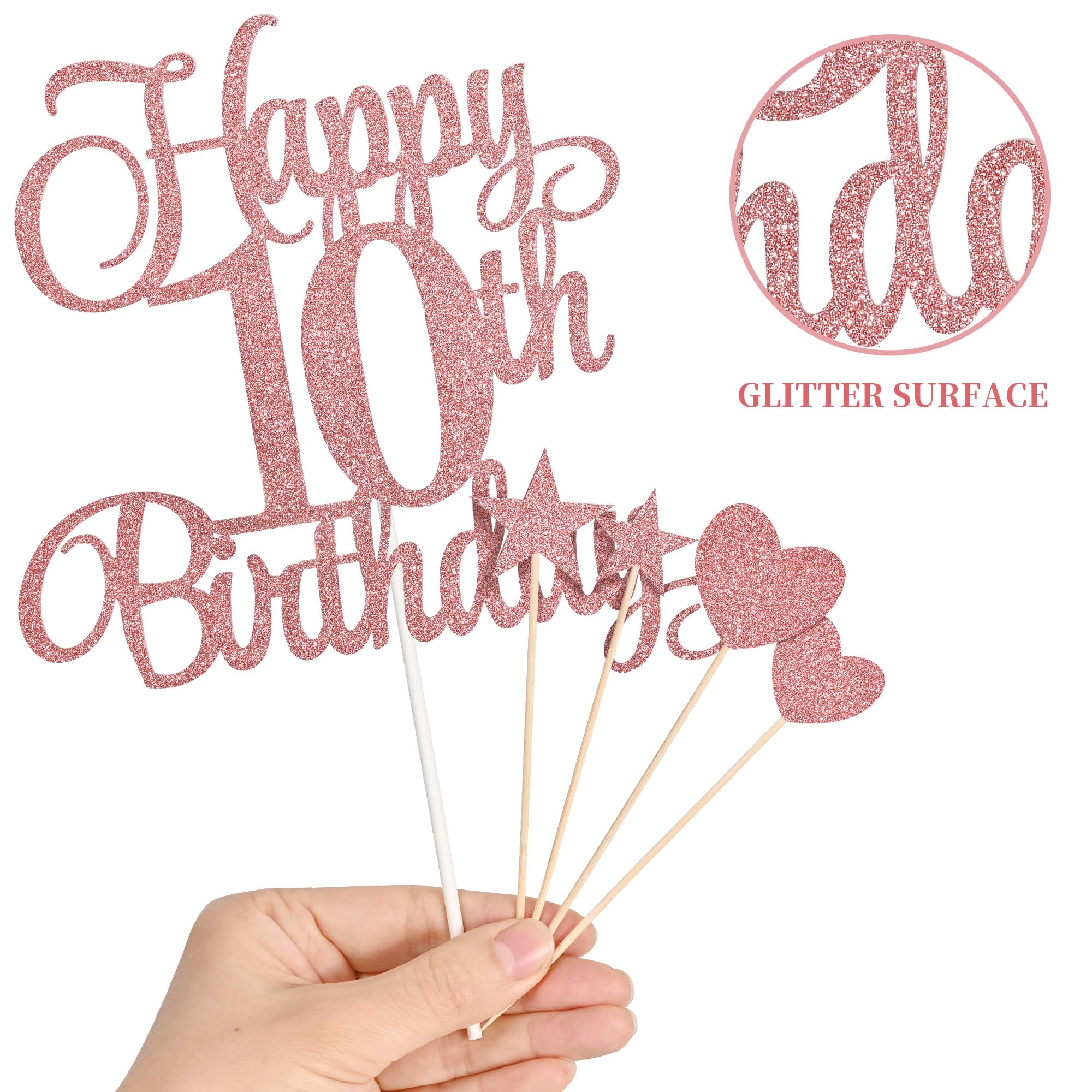 Lecferrarc 10th Birthday Cake Decorations, 10th Birthday Candles Cake Numeral Candles and Glitter Happy 10th Birthday Cake Toppers Set for Birthday Party Supplies (Rose Gold)