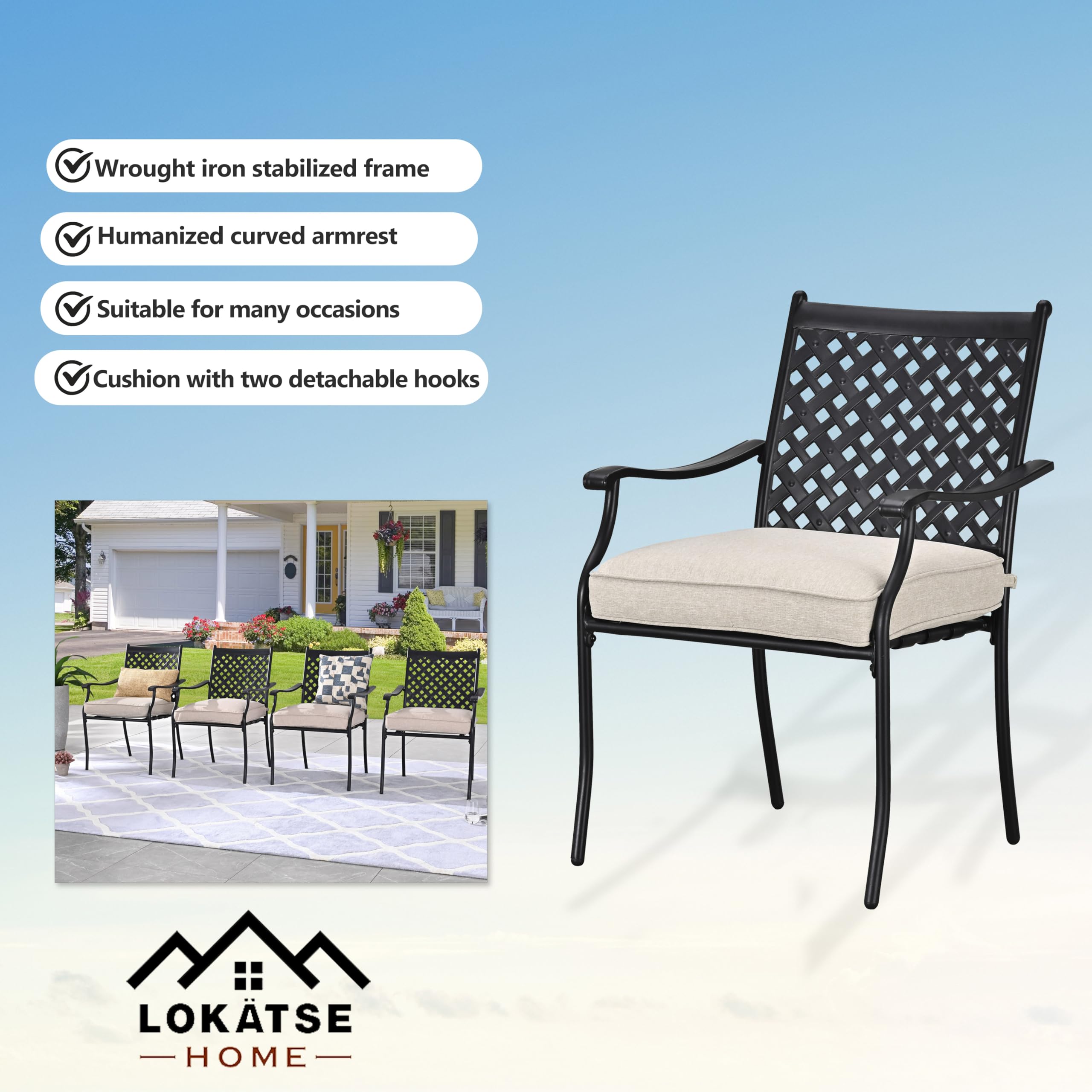 LOKATSE HOME 5 PCS Outdoor Patio Dining Set 4 Armchair with Cushions and 1 Round Table with 2.04" Umbrella Hole, Khaki