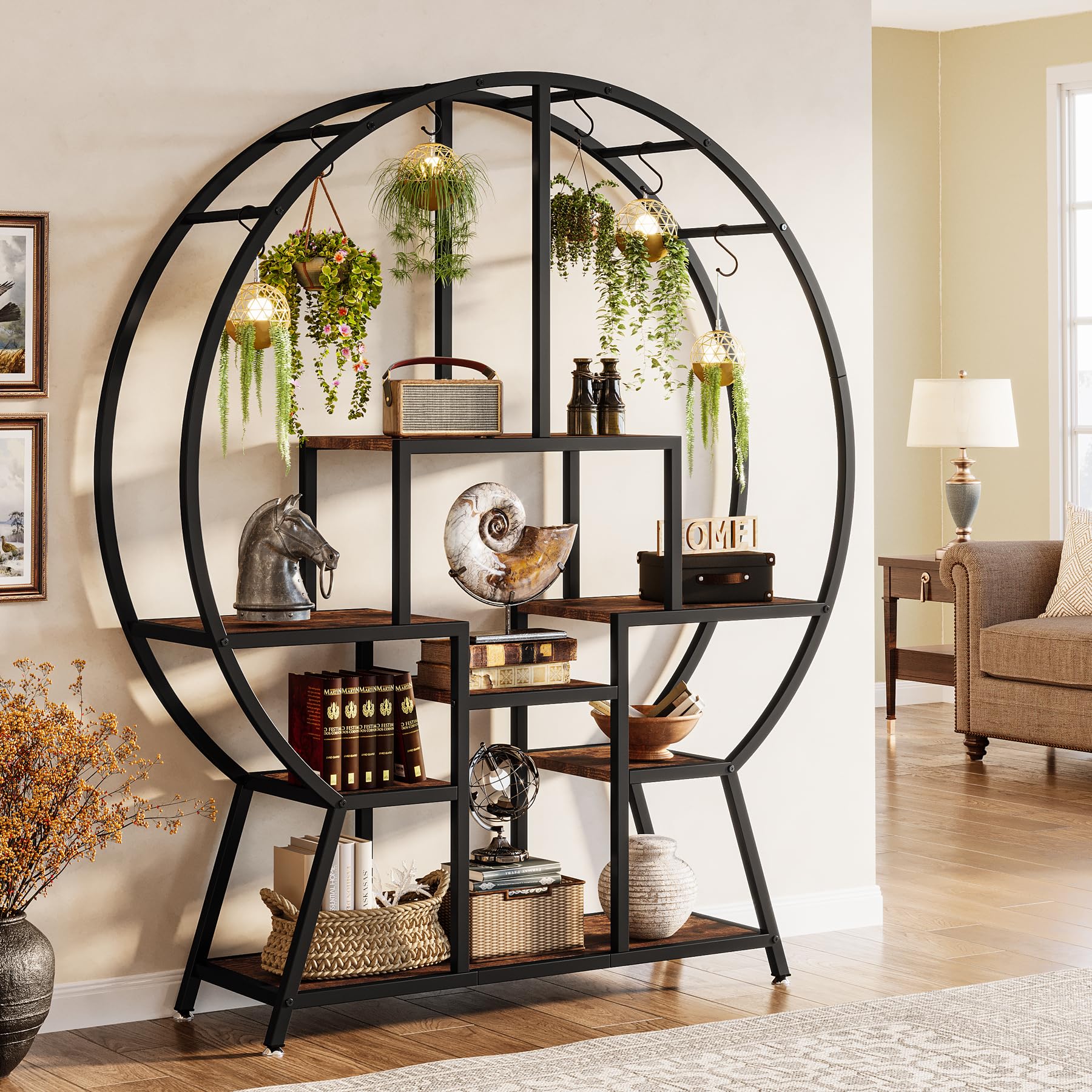 Tribesigns 65" Large Bookshelf Bookcase, Industrial Round Etagere Bookshelves with 7-Tier Storage Shelving, Open Display Shelves Wood Plant Stand for Living Room, Bedroom, Home Office