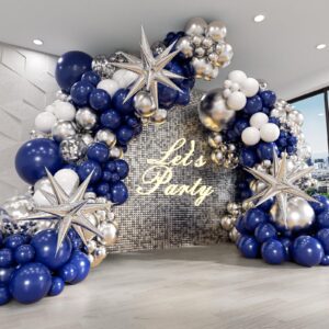 130pcs navy blue and silver balloon garland arch kit with 3pcs silver star balloons, royal blue metallic silver white balloons for birthday baby shower wedding graduation party decorations