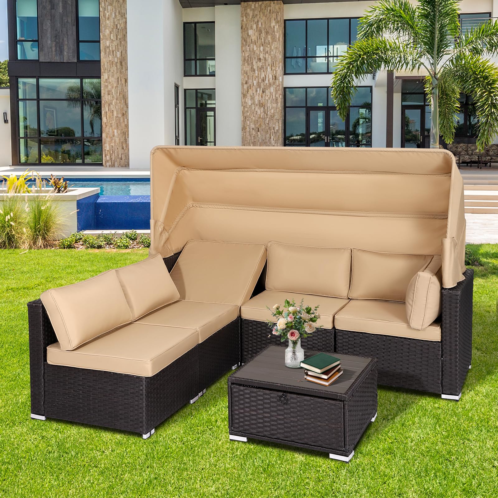 TITIMO 6 Pieces Patio Furniture Set Outdoor Conversation Set Daybed with Retractable Canopy Patio Sectional Rattan Sofa Set W/Adjustable Backrest and Table for Poolside (Brown)