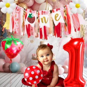 Strawberry Berry First Birthday High Chair Banner Party Supplies Kit: Sweet First Birthday Banner One Balloon Strawberry Daisy Balloons Smash Cake Decoration Photo Prop Gifts For Kids Girls