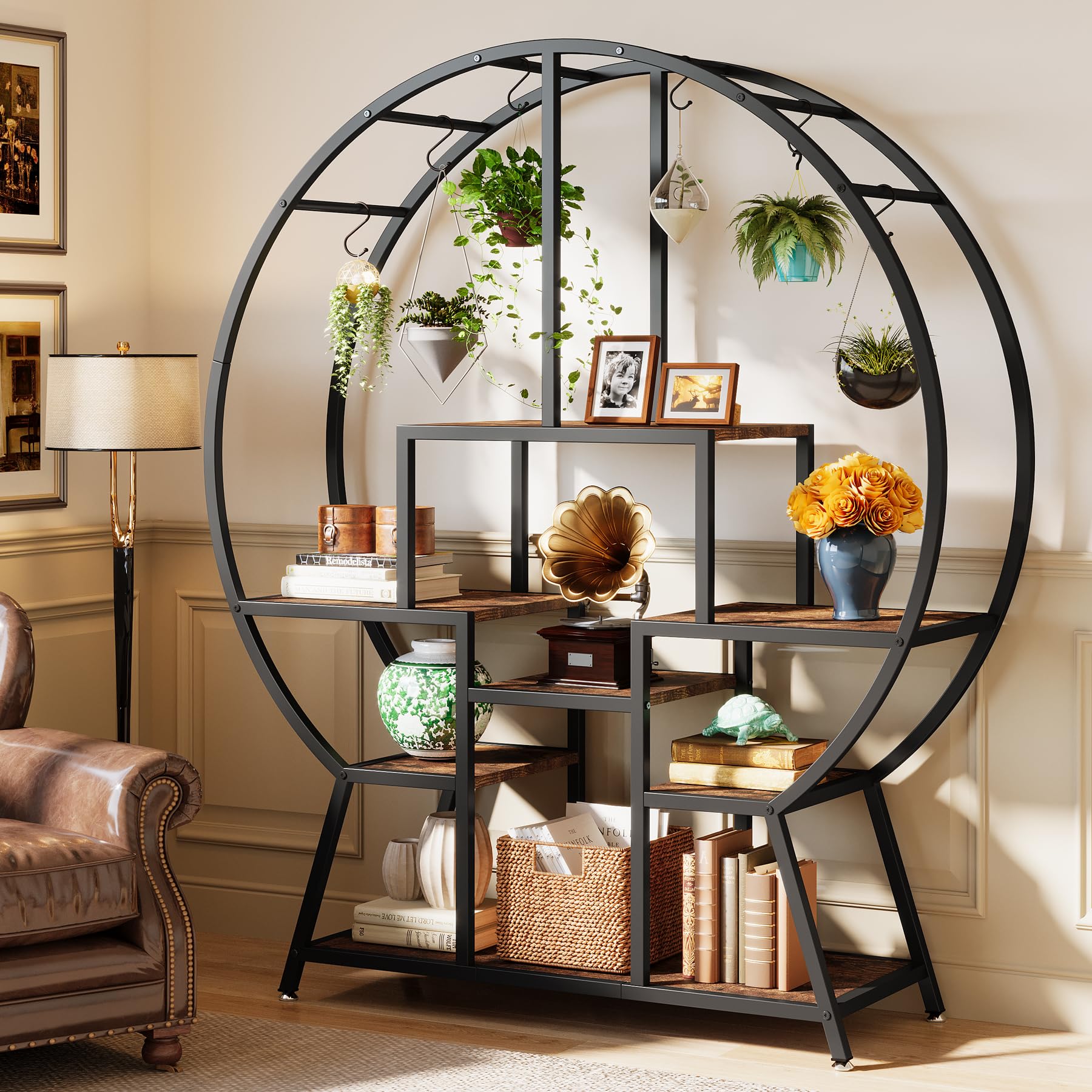 Tribesigns 65" Large Bookshelf Bookcase, Industrial Round Etagere Bookshelves with 7-Tier Storage Shelving, Open Display Shelves Wood Plant Stand for Living Room, Bedroom, Home Office