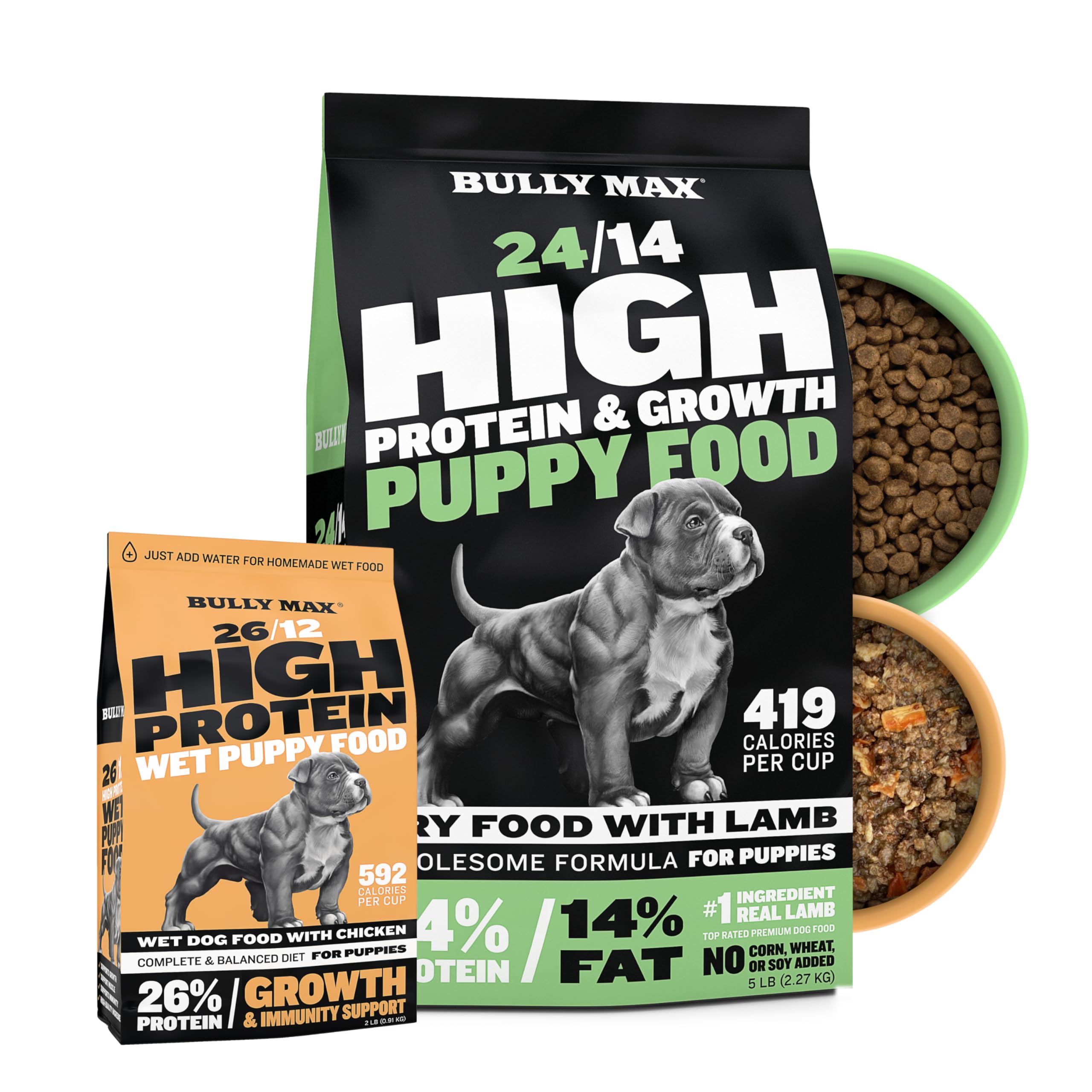 Bully Max Puppy Growth & Nutrition Bundle - High Protein Natural Dry Dog Food (5lb Bag) & Wet Dog Food (2 Dry lb, Makes 5.5 lb of Wet Food) for Small & Large Breed Puppies - Lamb & Chicken Flavors