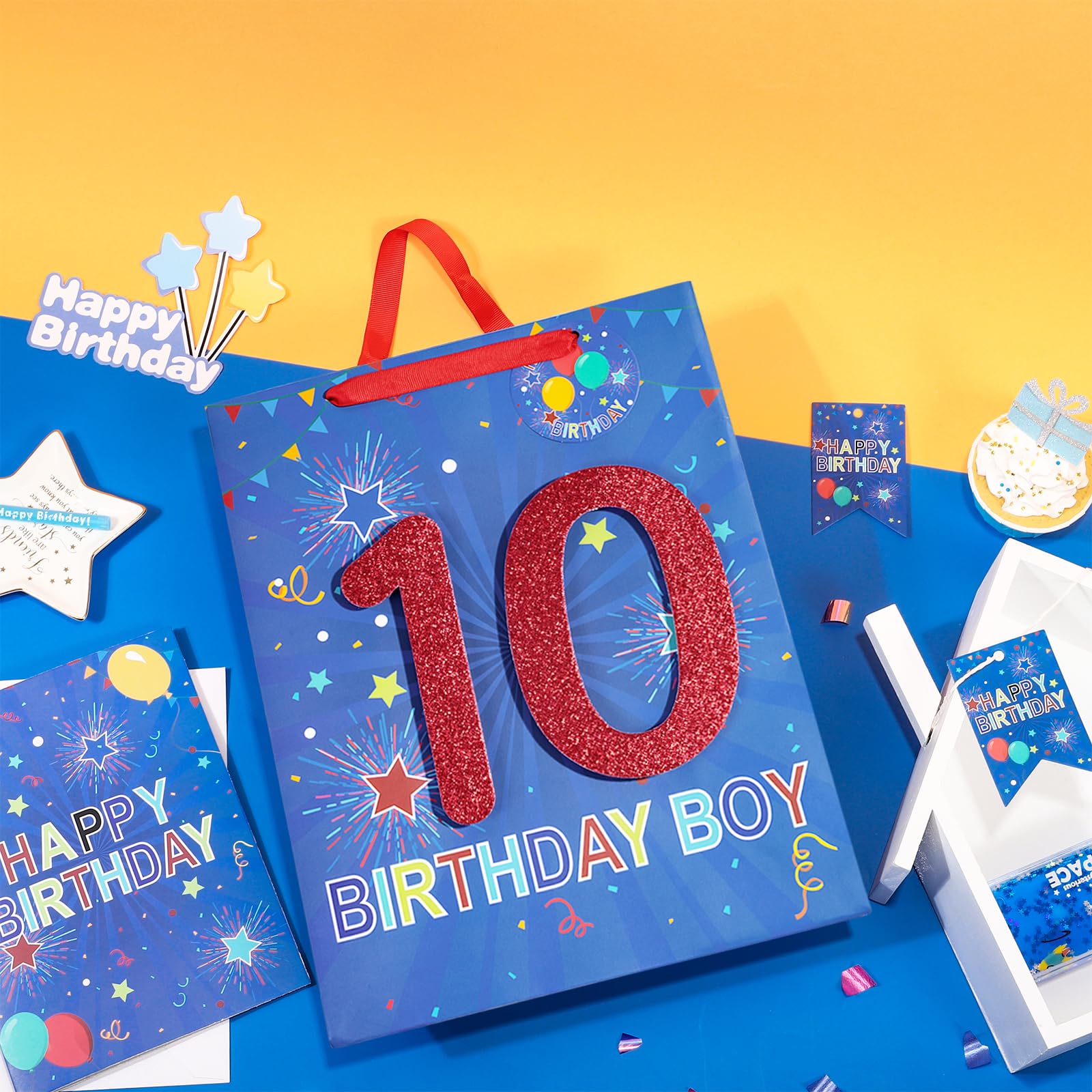 Loveinside Birthday Blue Gift Bag with Tissue Paper, Gift Tag and Greeting Card for 10th Boy Birthday, Party, Baby Shower and More - 10" x 5" x 13", 1 Pcs - 10th Birthday