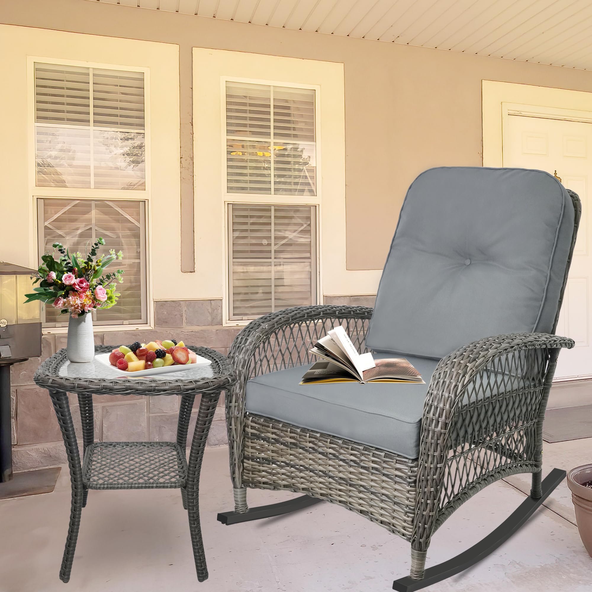 TXGDPIONEER Outdoor Wicker Rocking Chair, All Weather Resin Rattan Wicker Rocking Chairs, for Garden Backyard Lown Porch,1pc,Grey