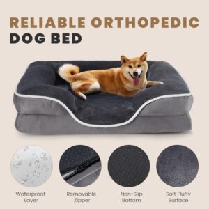 Sweetcrispy Orthopedic Dog Bed, Memory Foam Pet Bed for Medium Dogs with Washable Removable Cover Non-Slip Base Waterproof Liner Egg Crate Foam for Improved Sleep, Grey, 28" L x 23" W x 6.5" Th