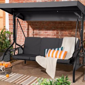 Grepatio Outdoor Porch Swing with Canopy, 3 Person Patio Porch Swing Chairs with Stand, Porch Bed Swing with Removable Cushion and Cup Holder for Patio, Garden, Poolside (Gray)