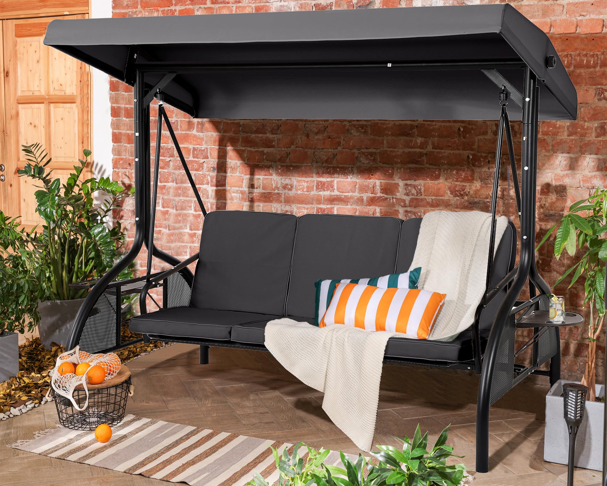 Grepatio Outdoor Porch Swing with Canopy, 3 Person Patio Porch Swing Chairs with Stand, Porch Bed Swing with Removable Cushion and Cup Holder for Patio, Garden, Poolside (Gray)