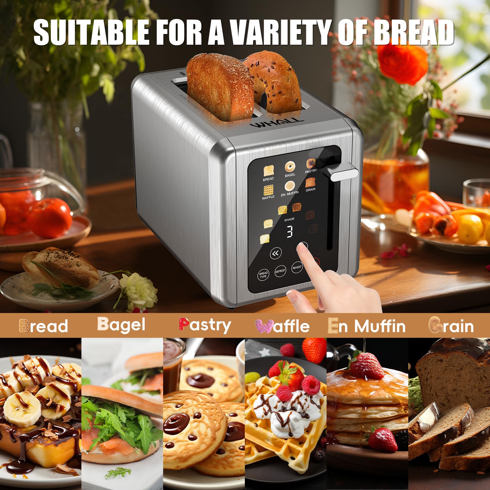 WHALL Touch Screen Toaster 2 Slice, Stainless Steel Digital Timer Toaster, 6 Bread Types & 6 Shade Settings, Smart Extra Wide Slots Toaster With Bagel, Cancel, Defrost Functions