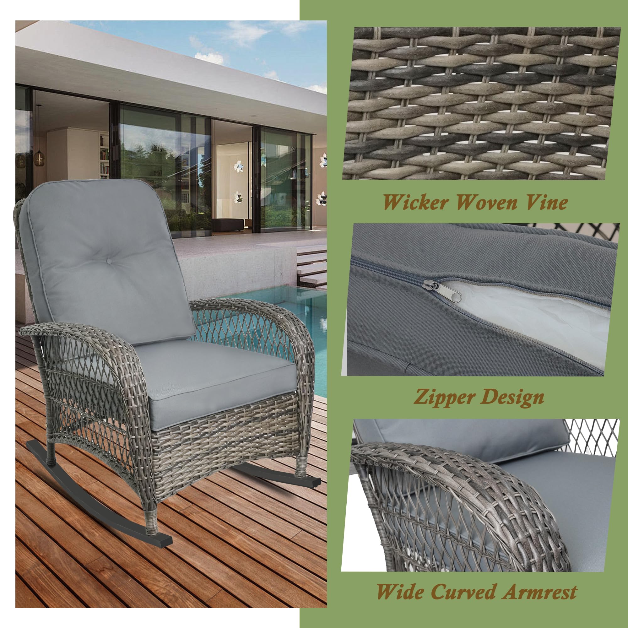 TXGDPIONEER Outdoor Wicker Rocking Chair, All Weather Resin Rattan Wicker Rocking Chairs, for Garden Backyard Lown Porch,1pc,Grey