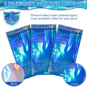 3 Pcs Iridescent Ocean Waves Tablecloths Disposable Plastic Ocean Blue Table Cloth Rectangle Table Covers for Under the Sea Beach Surf Ocean Pool Party Birthday Party Decorations, 54 x 108 Inch