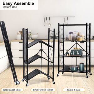 YSSOA HealSmart 4-Tier Heavy Duty Foldable Metal Rack Storage Shelving Unit with Wheels Moving Easily Organizer Shelves Great for Garage Kitchen, Black