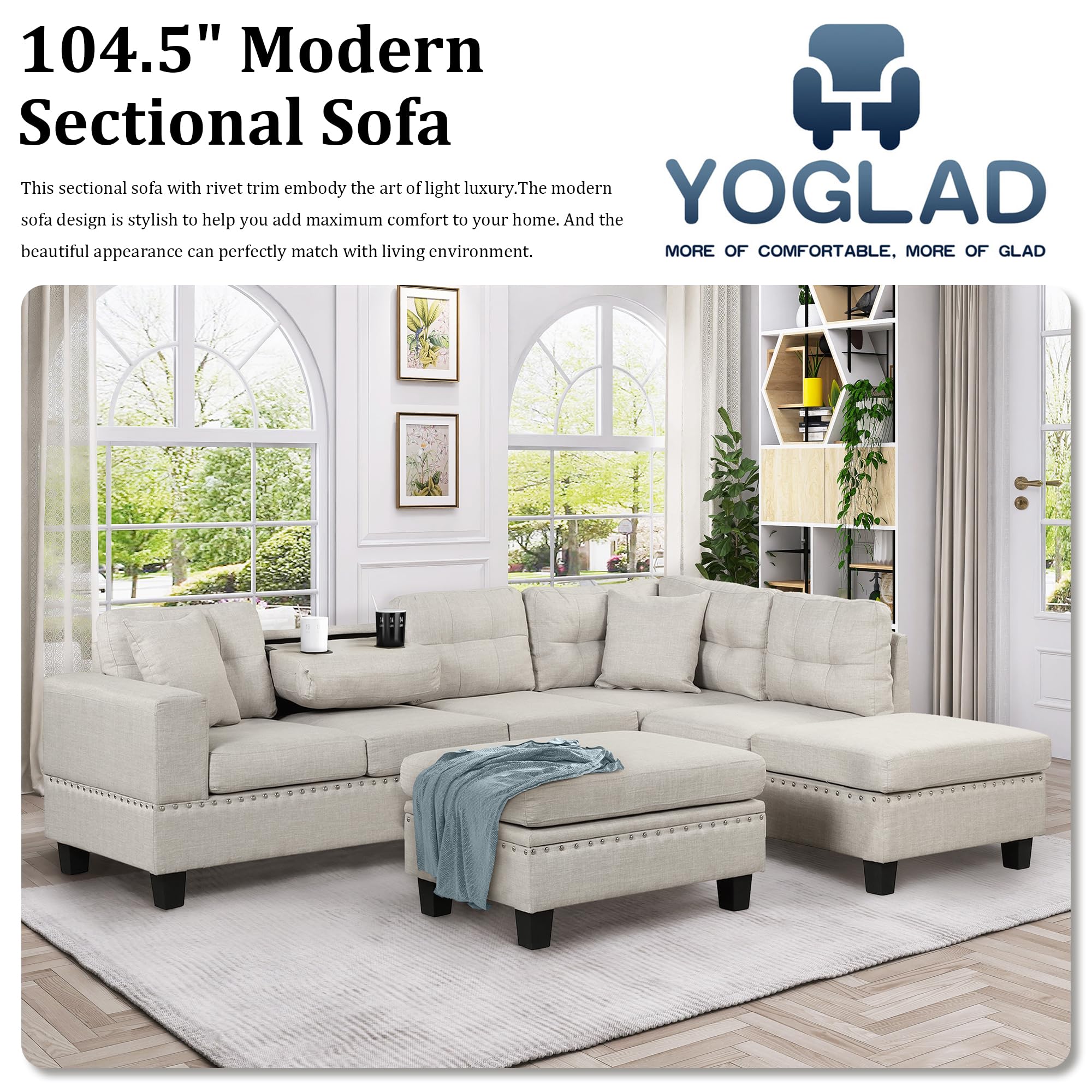 Yoglad Living Room Furniture Set, Sectional 5-Seater Sofa with Reversible Chaise, Corner Sofa Set with Ottoman, L Shaped Couch for Apartment, Living Room (104.5 Inch Linen, Light Gray)