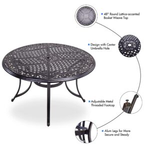 5 Piece Aluminum Patio Dining Set, 4 Textilene Swivel Rocker Chairs and 48 inch Round Alum Casting Table with Umbrella Hole, All-Weather Outdoor Furniture Set for Backyard, Patio, Lawn, Garden