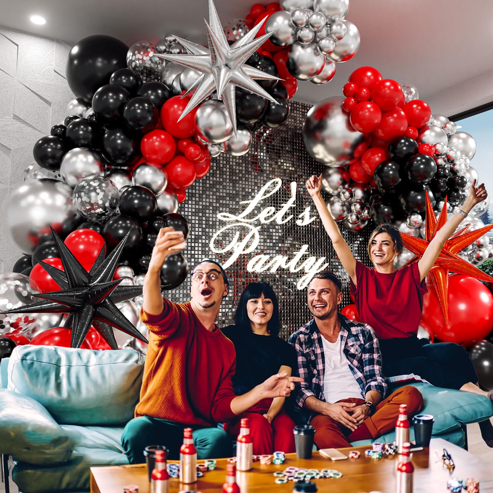 Red and Black Balloon Arch Kit with 3pcs Star Balloons, Red Black and Metallic Silver Balloons Garland Kit for Birthday Prom Red Black Graduation 2024 Party Decorations