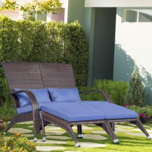 Outdoor Patio Wicker Adirondack Loveseat Bench Outside Small Loveseat Sofa Couch Rattan Fire Pit Chairs Comfy Patio Chair Low Deep Seating High Back with Ottoman Cushion for Porch Backyard Deck Navy