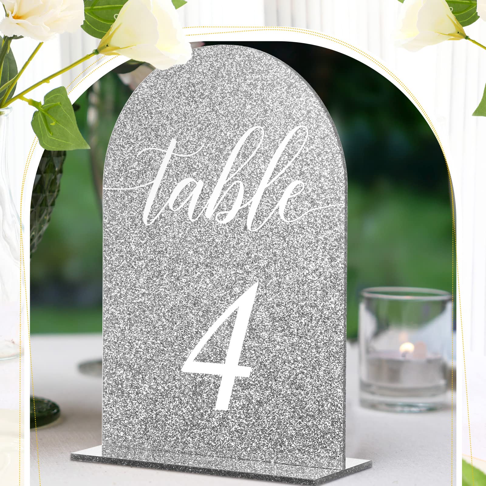 Geetery 10 Pcs Bling Table Numbers 1-10, Silver Acrylic Wedding Table Number with Stands, 5 x 7 Inch Table Number Holders, Glitter Table Sign Numbers for Wedding Reception, Event, Party