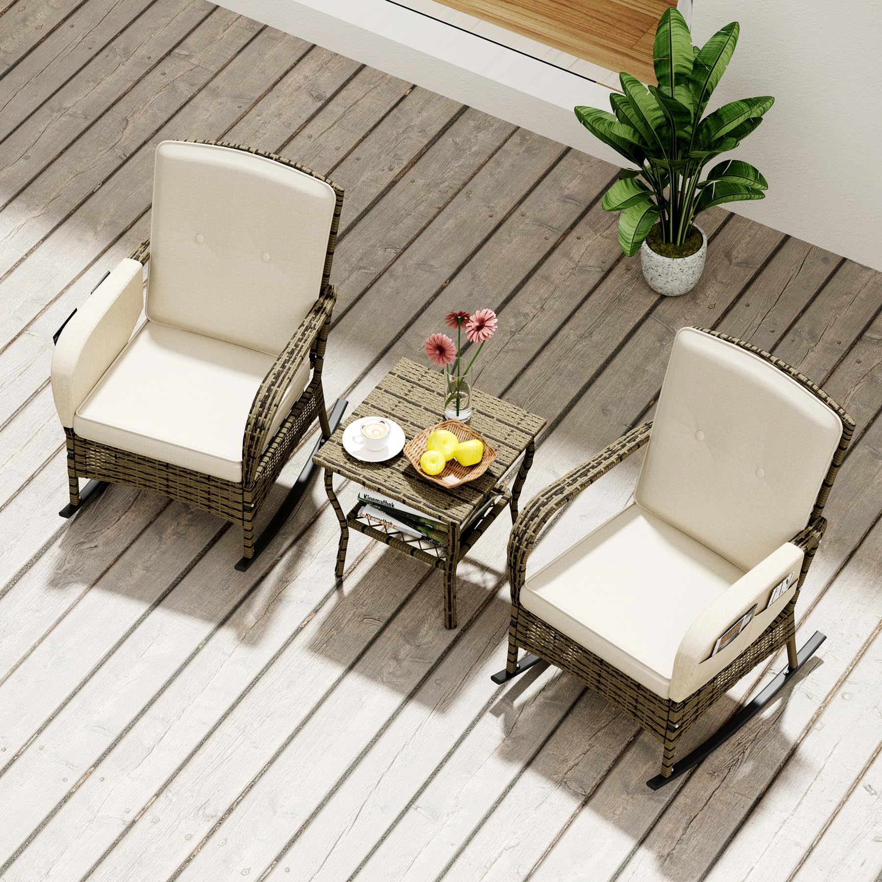 BALDPER 3 Pieces Patio Conversation Set, Outdoor Rocking Chairs with Armrest Side Pocket, Outdoor Furniture Set with Porch Chairs and Coffee Table for Deck Garden Poolside, Beige