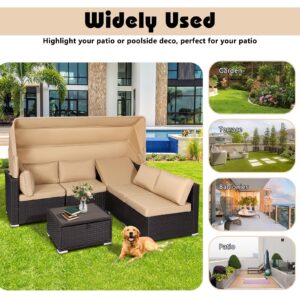 TITIMO 6 Pieces Patio Furniture Set Outdoor Conversation Set Daybed with Retractable Canopy Patio Sectional Rattan Sofa Set W/Adjustable Backrest and Table for Poolside (Brown)