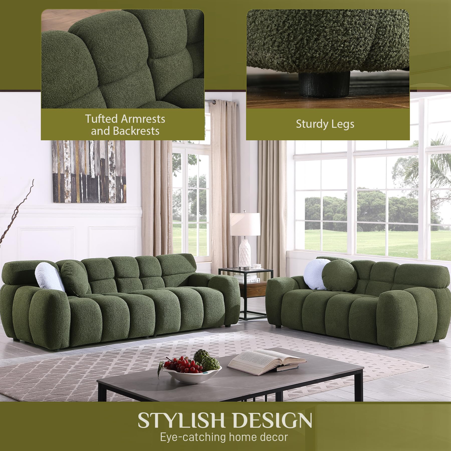 Wrofly 2 Piece Boucle Sofa Couch Set, Comfy Upholstered Sherpa Deep Seat Cloud Couch and Loveseat, Modern Tufted 3 Seater and 2 Seater Love Seat Sofa for Living Room Apartment, Olive Green