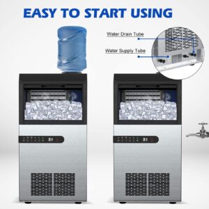 Kikihuose Commercial Ice Maker Machine, 100Lbs/24H Ice Production Under Counter Ice Maker, Tap Water & Top Loading Freestanding Ice Machine, 45 Ice Cubes/Cycle, Include Ice Scoop, Connection Hose