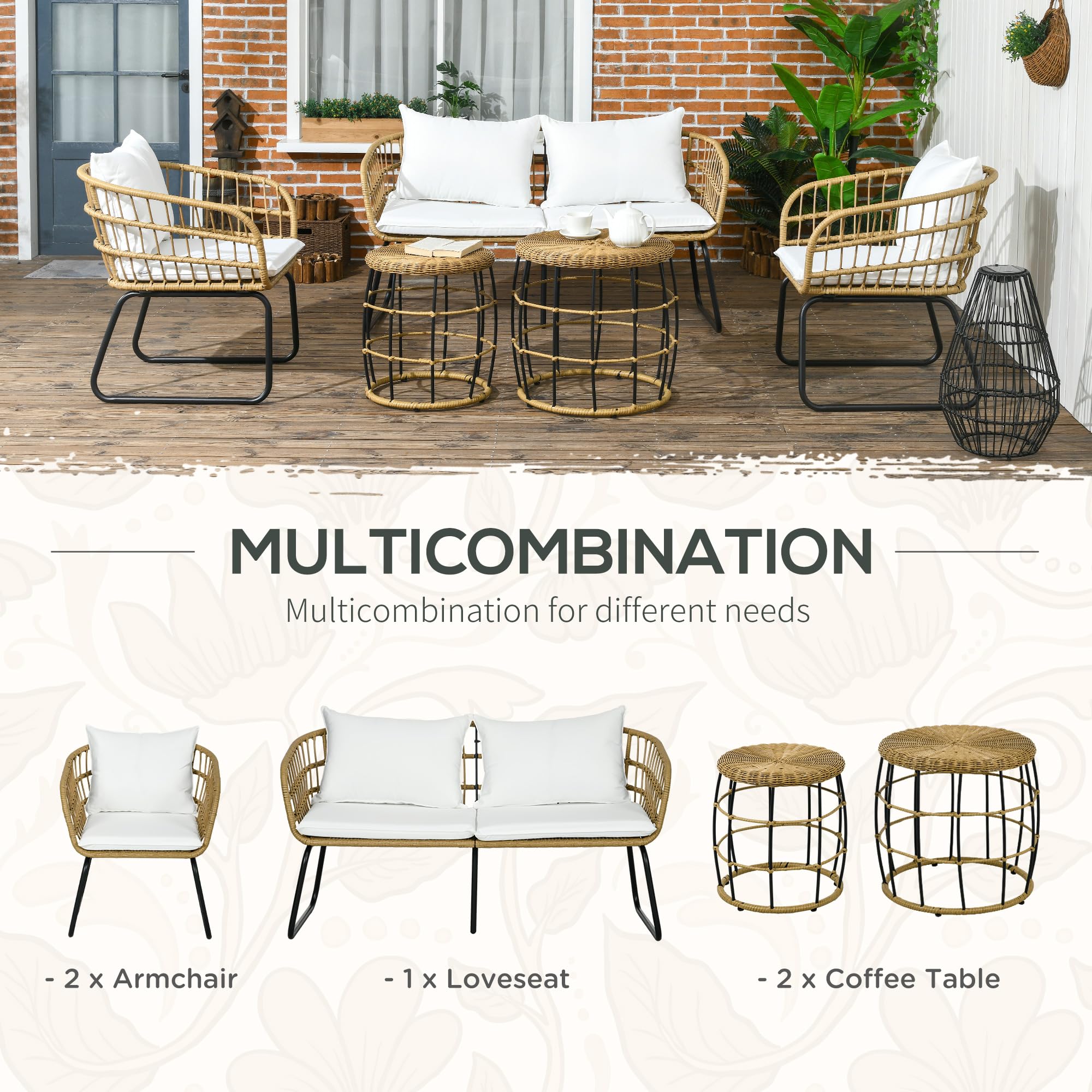 Outsunny 5 Piece PE Rattan Outdoor Furniture Set with Cushioned Chairs & Loveseat Sofa, Patio Sectional Furniture Set, Conversation Sofa Set with Stackable Coffee Tables, Cream White