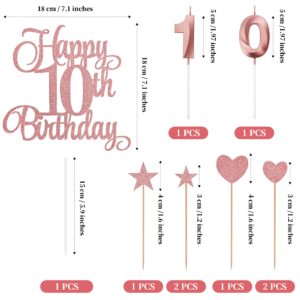 Lecferrarc 10th Birthday Cake Decorations, 10th Birthday Candles Cake Numeral Candles and Glitter Happy 10th Birthday Cake Toppers Set for Birthday Party Supplies (Rose Gold)