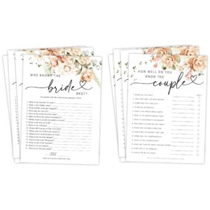 your main event prints 50 pack of bridal shower games, how well do you know the couple and who knows the bride best, floral modern minimalistic design.