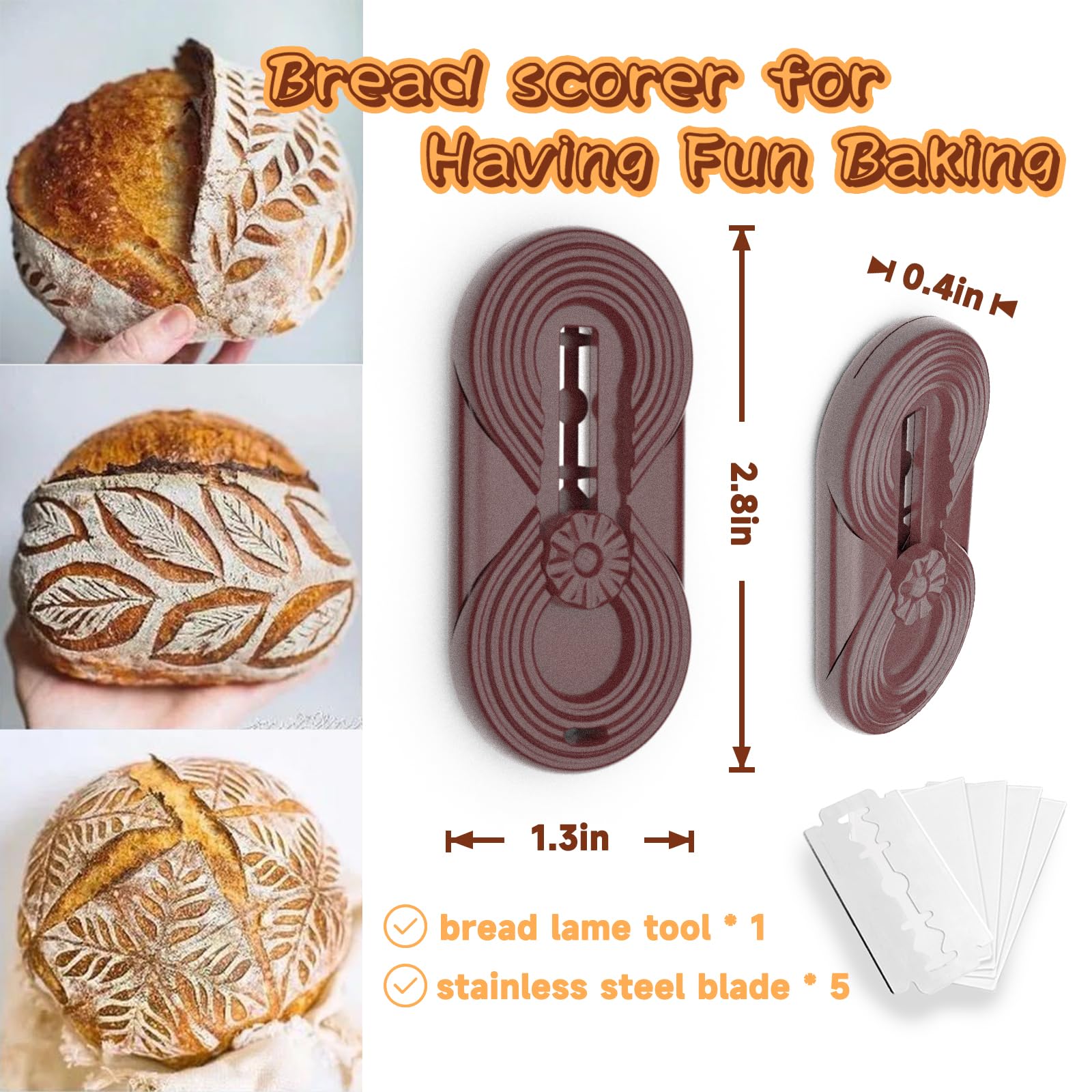 Tuuwhiz Bread Lame Dough Scoring Tool,Sourdough Bread Baking Supplies with Magnetic to Storage,Exquisite Design Bread Scorer Tool for Homemade Bread Baking Include 5 Razor Blades (Brown, Circular)