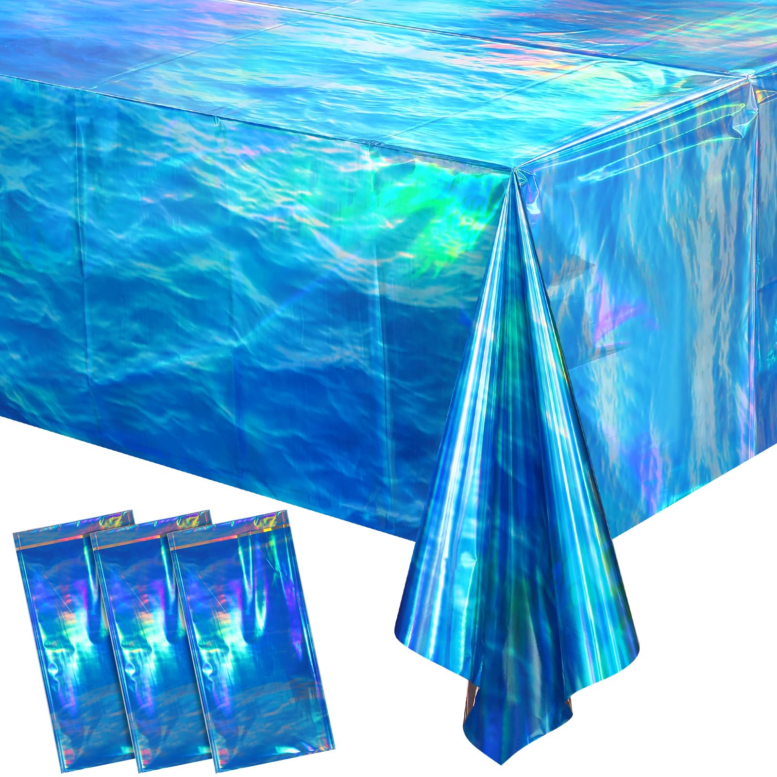 3 Pcs Iridescent Ocean Waves Tablecloths Disposable Plastic Ocean Blue Table Cloth Rectangle Table Covers for Under the Sea Beach Surf Ocean Pool Party Birthday Party Decorations, 54 x 108 Inch