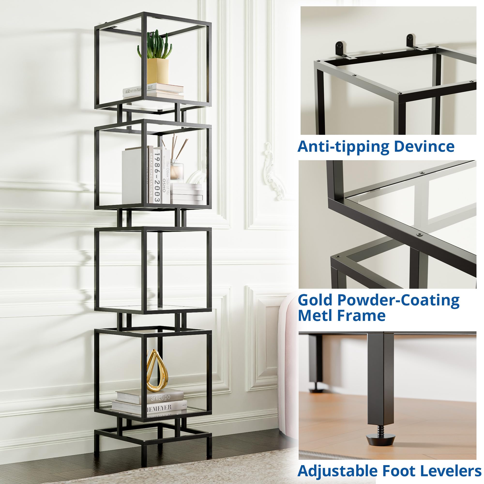 Cozy Castle Etagere Bookcase, 4-Tier Tall Bookshelf, 70.5" Slim Shelving Unit for Living Room, Home Office, Bathroom, Tempered Glass Display Cabinet, Black Metal Frame