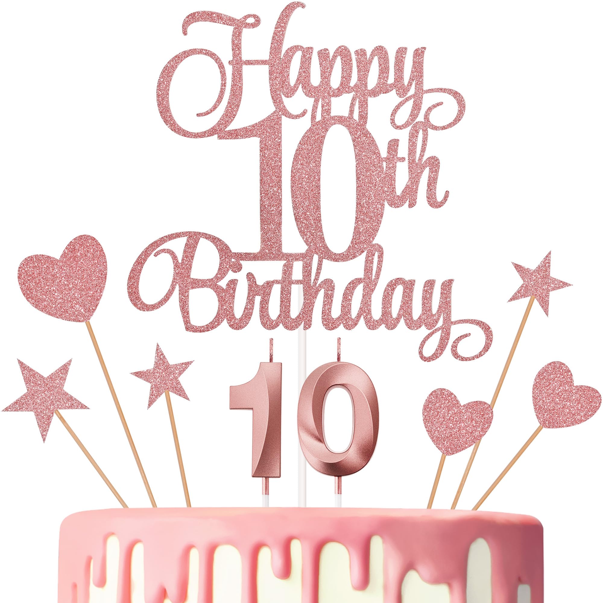 Lecferrarc 10th Birthday Cake Decorations, 10th Birthday Candles Cake Numeral Candles and Glitter Happy 10th Birthday Cake Toppers Set for Birthday Party Supplies (Rose Gold)