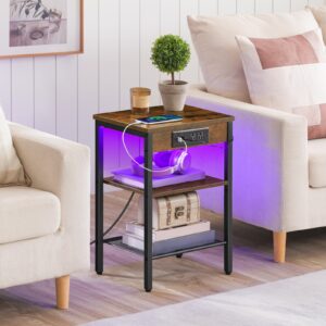 HOOBRO End Table with Charging Station and LED Lights, Small Side Table with Storage Shelves, 3-Tier LED Nightstand for Small Space in Living Room, Bedroom, Rustic Brown BF112UDBZ01