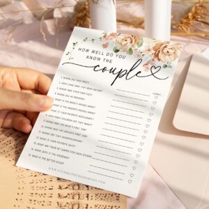 Your Main Event Prints 50 Pack of Bridal Shower Games, How Well Do You Know The Couple and Who Knows The Bride Best, Floral Modern Minimalistic Design.